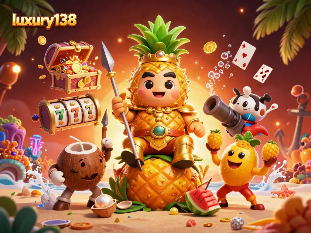 Experience luxury138 gameplay with golden pineapple king and dynamic slot elements in a vibrant casino scene