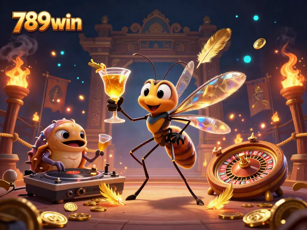 Experience excitement at 789win's casino with a lively scene featuring 3D characters and gaming elements.