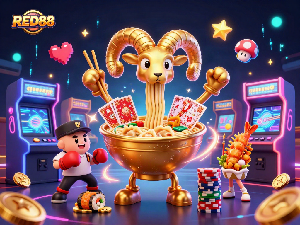 Engage with the vibrant RED88 casino experience featuring a dynamic ramen bowl interacting with gaming elements.