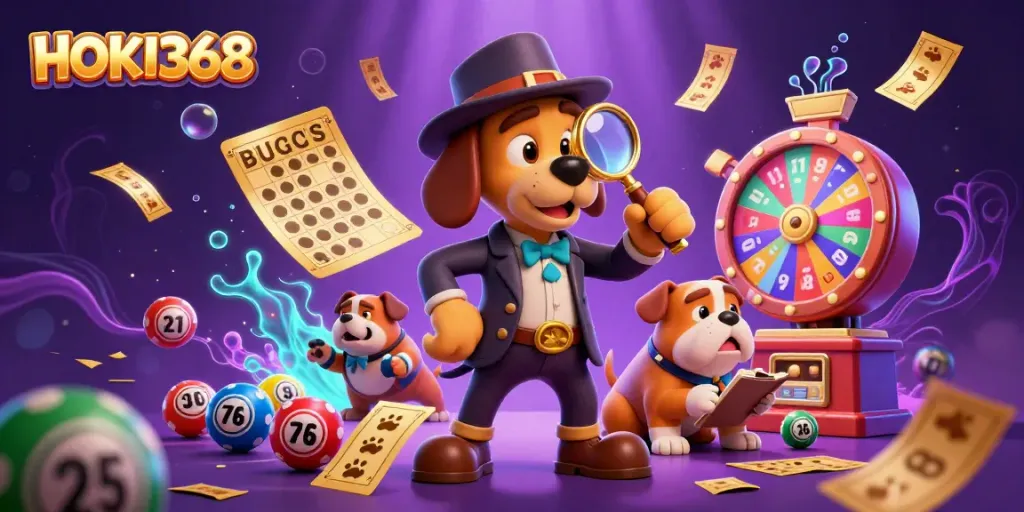 Engage in thrilling gameplay with HOKI368 as the detective examines a golden poker chip clue.
