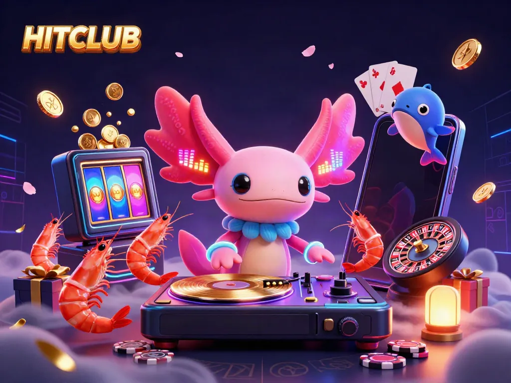 Engage with HITCLUB as the vibrant axolotl DJ spins games, surrounded by lively casino elements.