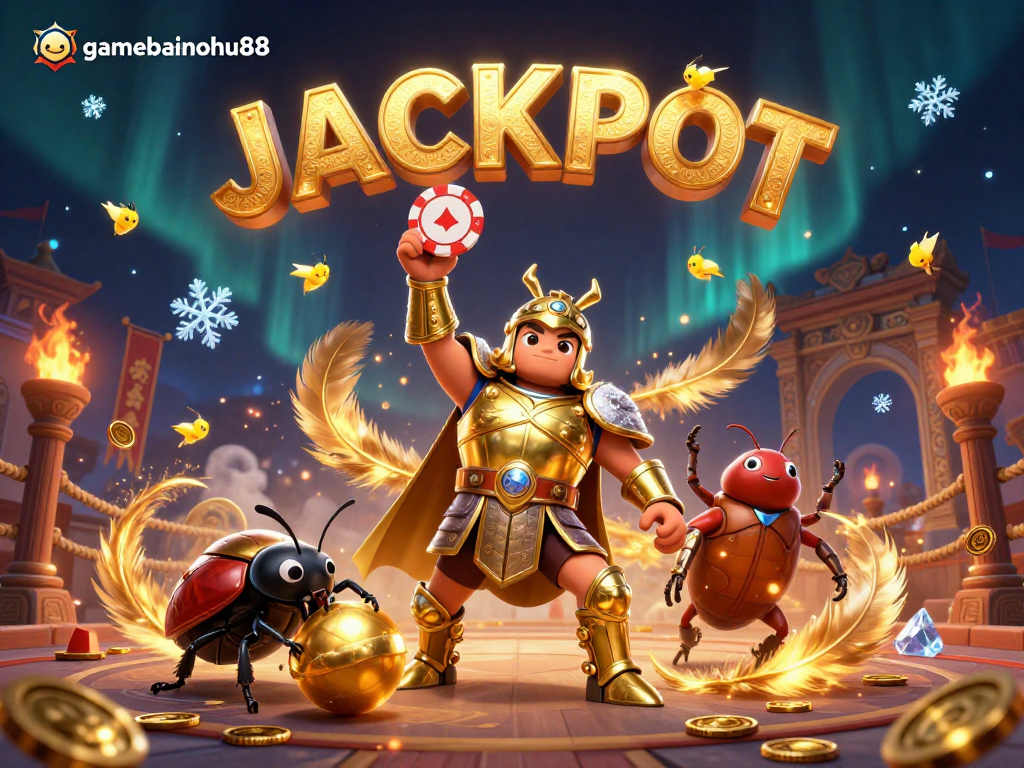 Spin to win at gamebainohu88 with the heroic beetle champion and a dung beetle sidekick celebrating a jackpot.