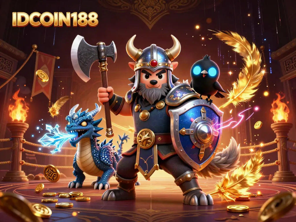 Engage with IDCOIN188 in a lively casino scene featuring vibrant characters and gold coins.