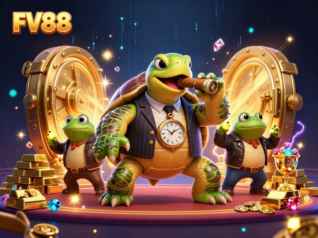 FV88 offers an exciting casino experience with a whimsical casino-themed 3D illustration.