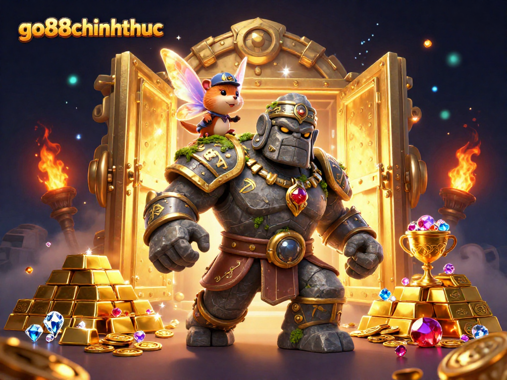 Experience the magic of go88chinhthuc with our vibrant 3D casino illustration featuring adventurers and treasures.