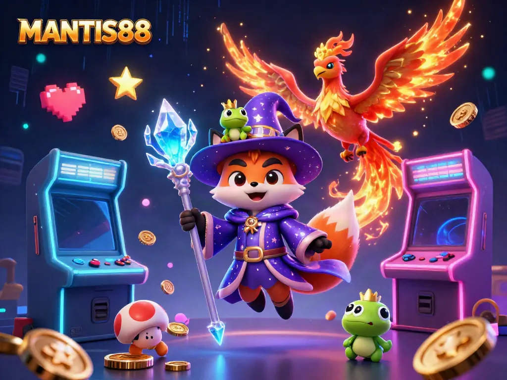 Experience the magical allure of MANTIS88 with this vibrant casino-themed illustration filled with mystical characters and game elements.