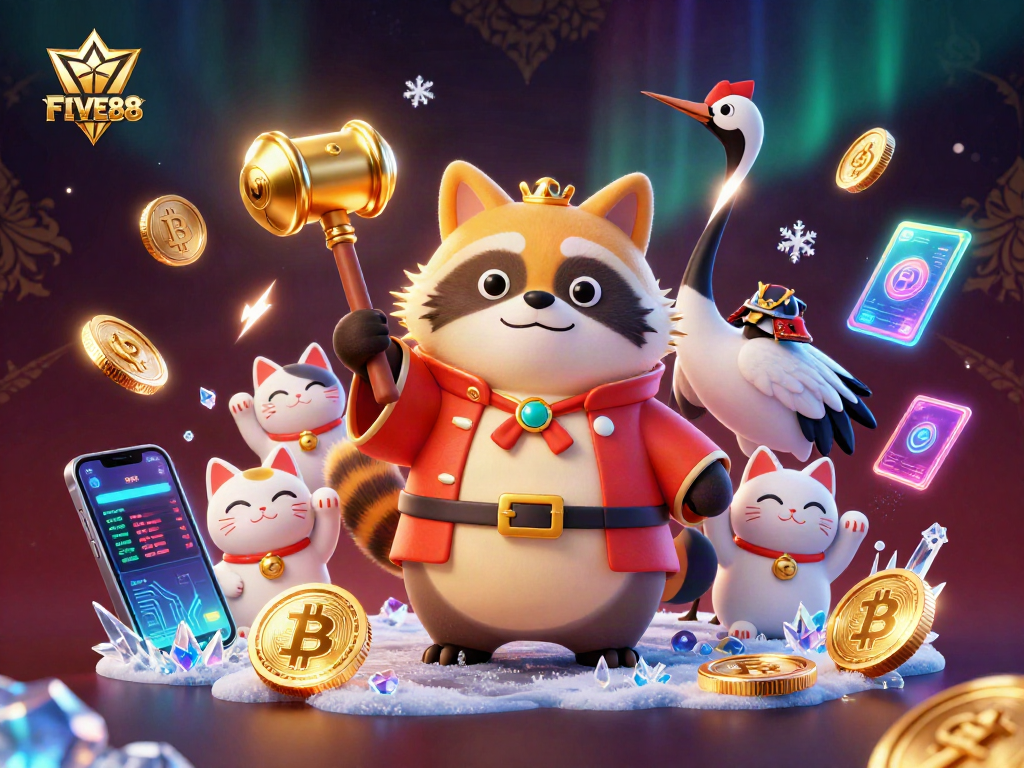 Experience the fortune of FIVE88 with animated characters celebrating big wins in a vibrant casino scene.