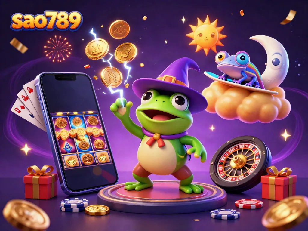 Spin, win, and enjoy golden rewards at sao789 with an enchanting casino-themed illustration showcasing fortune and fun.