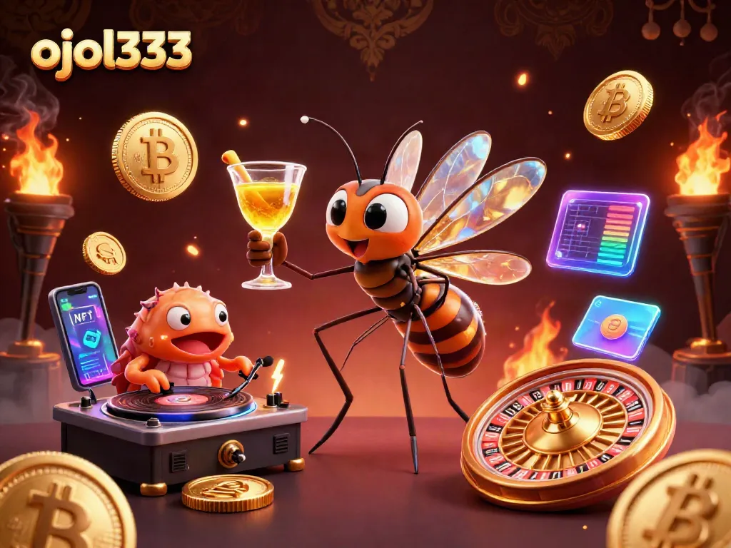 Engage with ojol333 at the vibrant casino, featuring animated characters and gold elements.