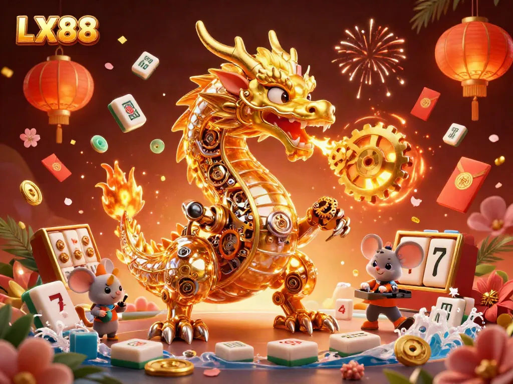 Experience thrilling action with LX88's dynamic casino elements as a golden dragon breathes gears amidst vibrant décor.