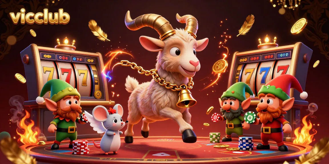 Engage in thrilling moments at vicclub casino with a festive Krampus and mischievous elves amid vibrant slot action.