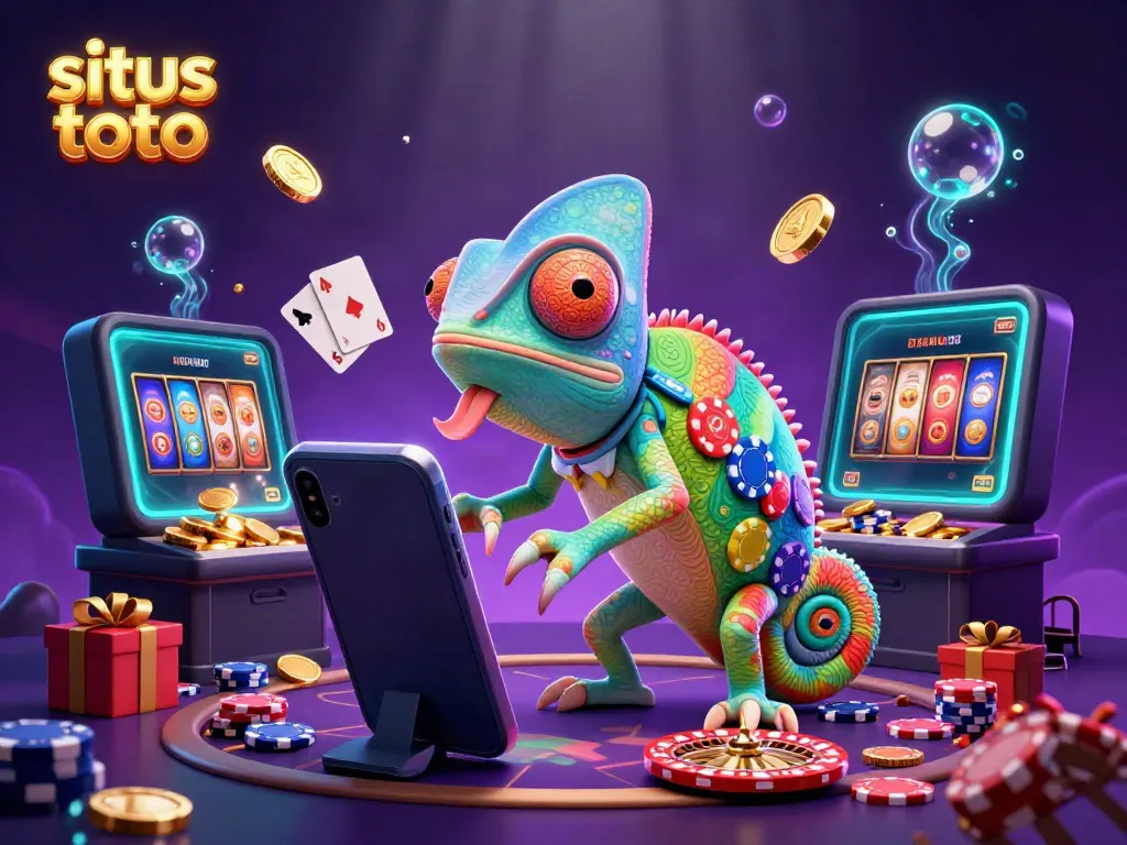 Engage with the vibrant world of situs toto featuring a colorful chameleon casino owner amidst casino game elements.