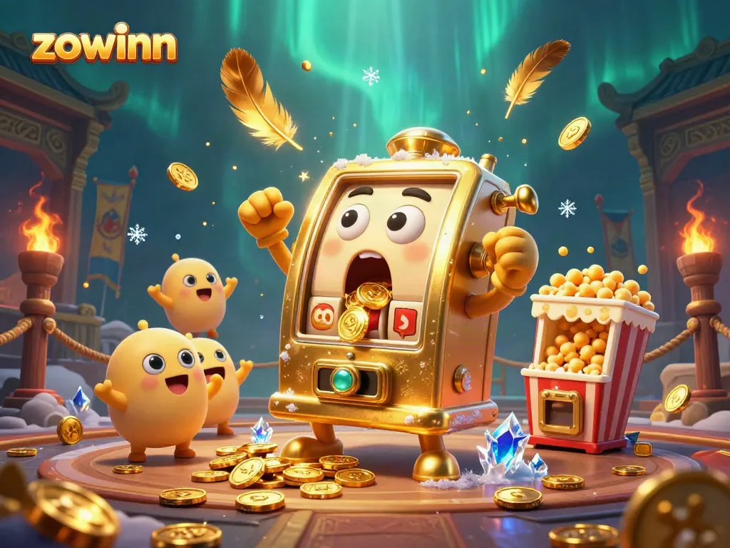 Zowinn slot machine celebrating a jackpot with gold coins spilling out, surrounded by cheering baby slots.