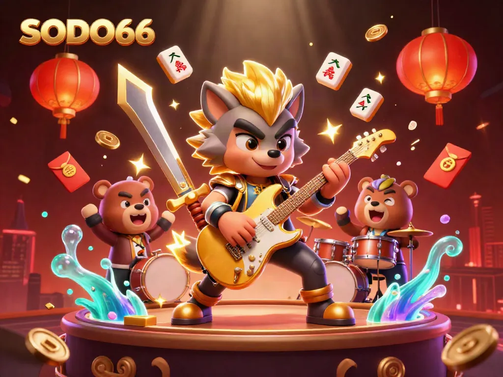 SODO66 showcases a vibrant 3D illustration of a rock star wolf performing, surrounded by casino elements.