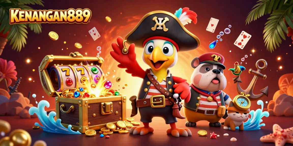 KENANGAN889 showcases vibrant gambling action with a pirate captain, bulldog, and ship's cat amidst treasure and slot symbols.