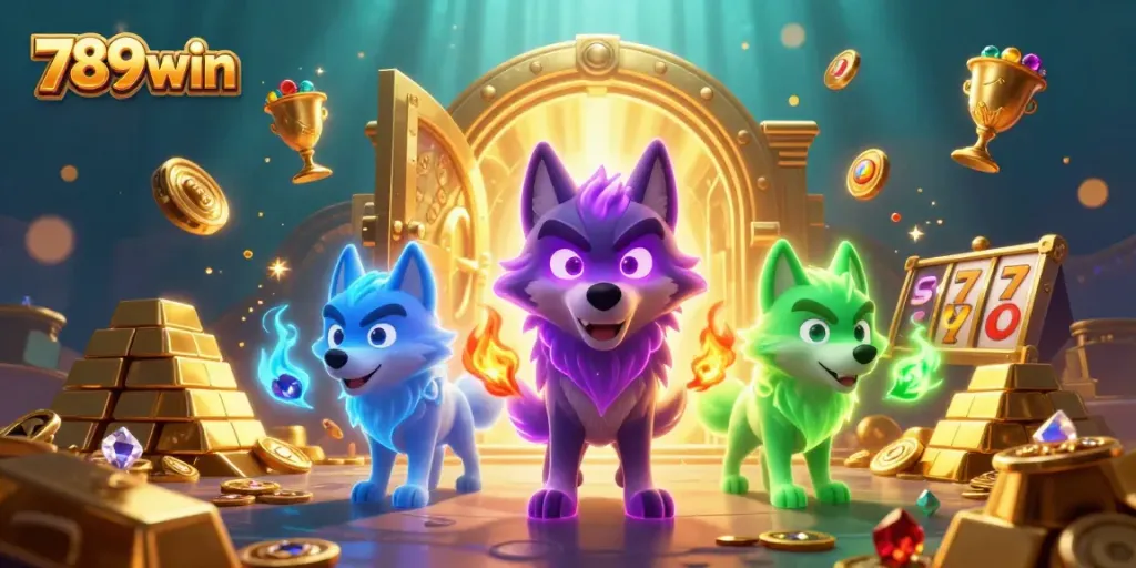 Capture dynamic 789win gaming thrills with a shadow wolf leader and treasures in a vibrant casino theme.