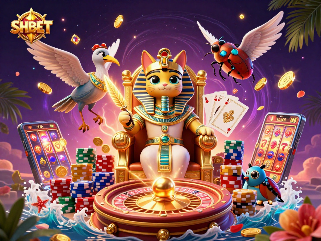 Engage with SHBET's lively casino experience featuring dynamic characters, golden coins, and a dazzling roulette wheel.