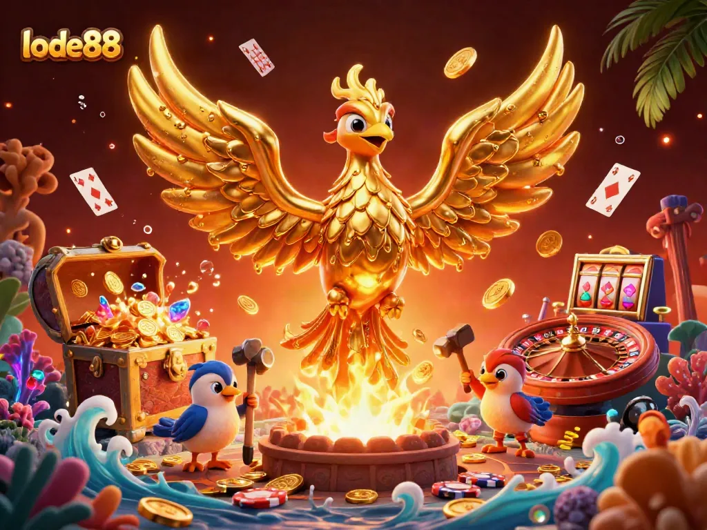 Lode88 unveils a vibrant 3D scene with a molten golden phoenix in a casino setting, symbolizing winning opportunities.