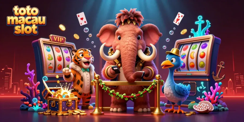 Menangkan permainan toto macau slot dengan karakter menghibur dan elemen slot yang menggiurkan dalam ilustrasi 3D.