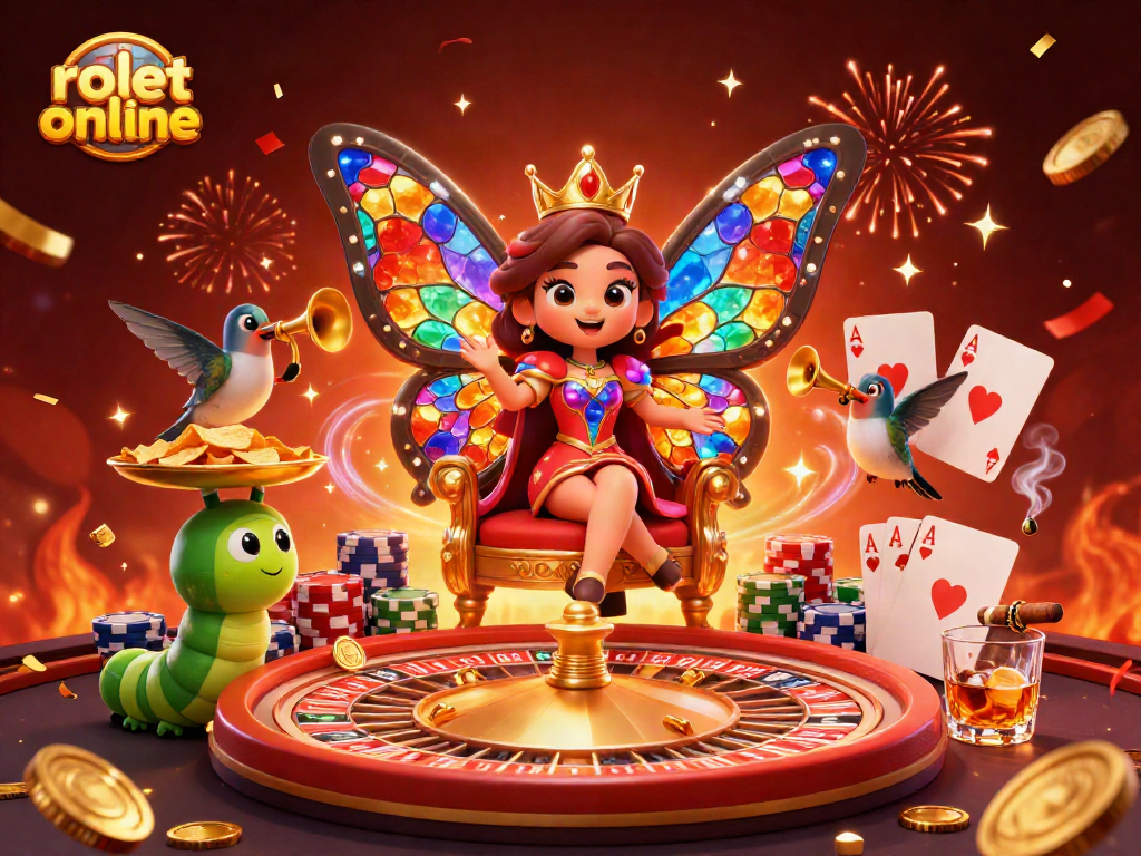 Experience excitement with rolet online featuring a dazzling butterfly queen amidst vibrant casino elements.