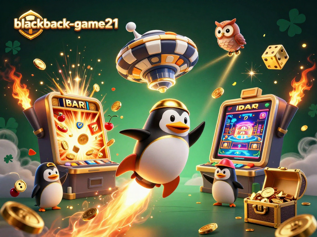 Join the excitement at blackjack-game21 with a thrilling illustration of a golden penguin in a dynamic casino scene.