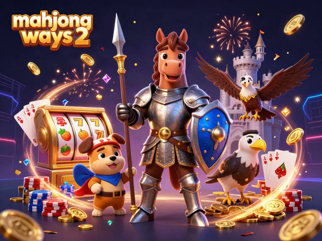 Engage with mahjong ways 2, featuring knights, coins, and vibrant casino elements in a dynamic scene.