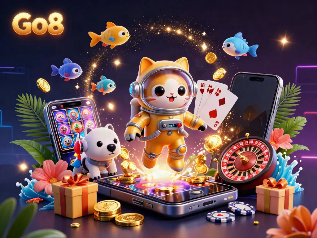 Engage with Go8's exciting gambling universe featuring a golden space cat, robot dog, and cosmic slot adventure.