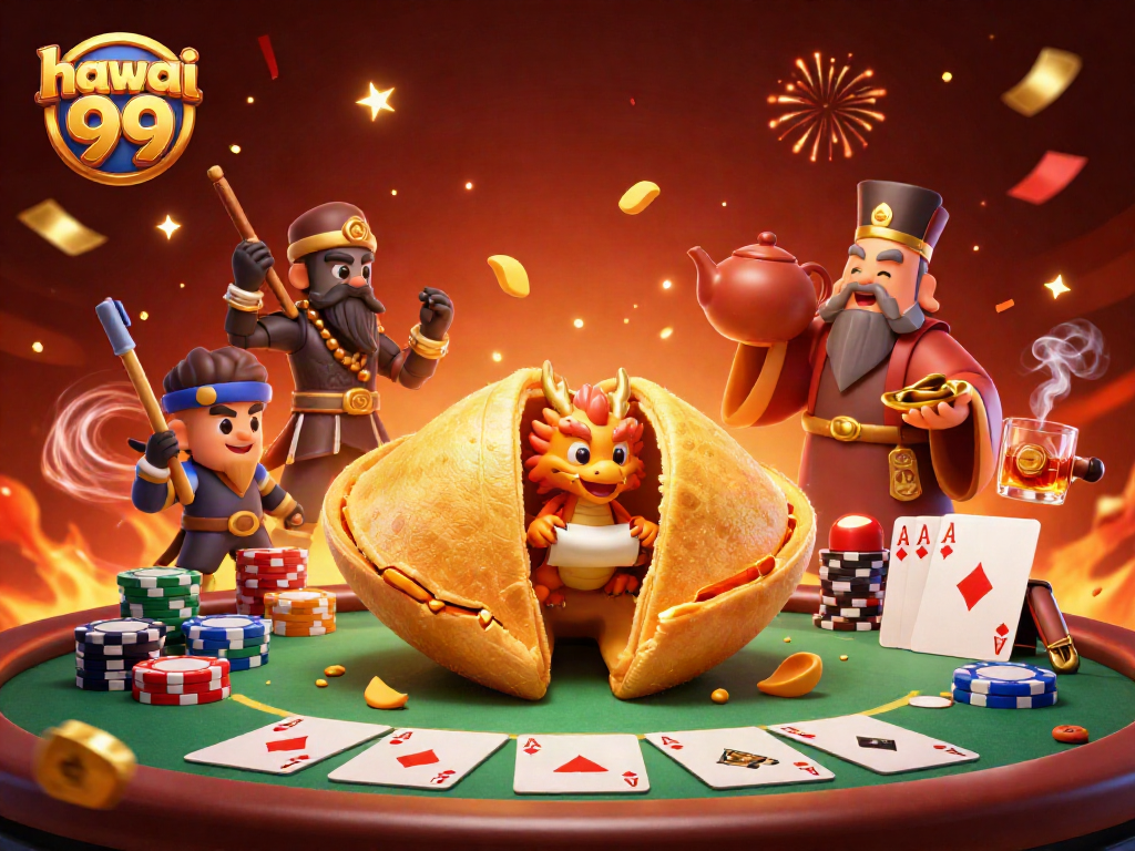 Experience the fortune of hawai 99 with a dynamic 3D casino scene featuring vibrant poker elements.