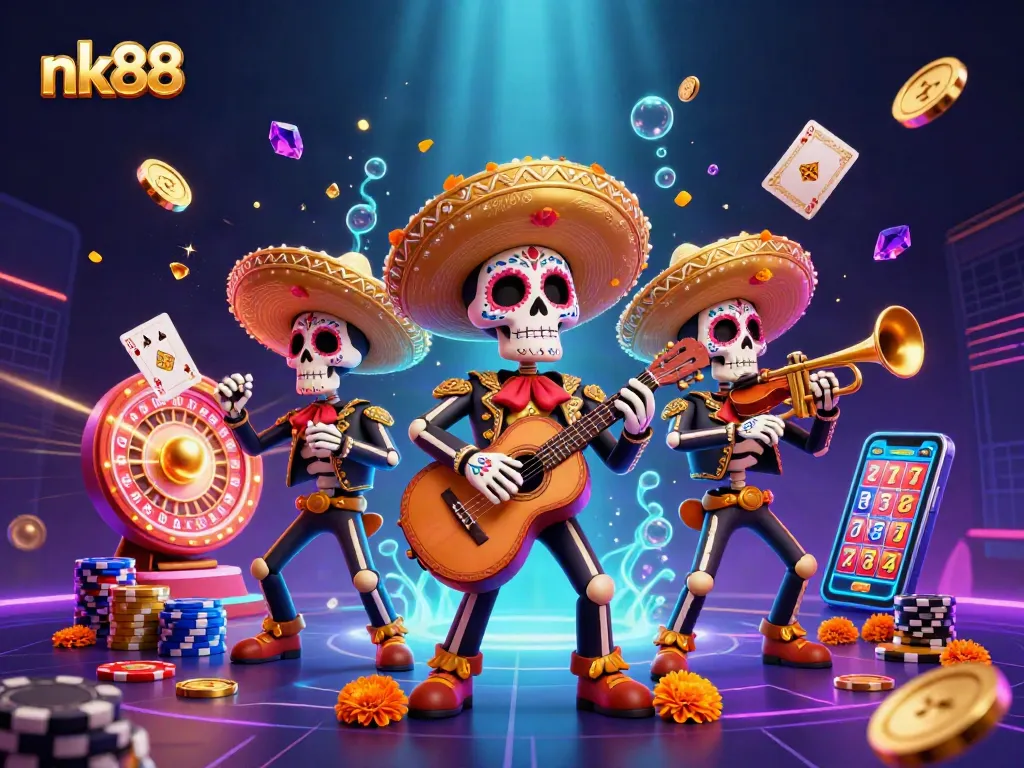 Spin to win at nk88 with vibrant 3D skeleton mariachis, jackpot reels, and colorful tokens.