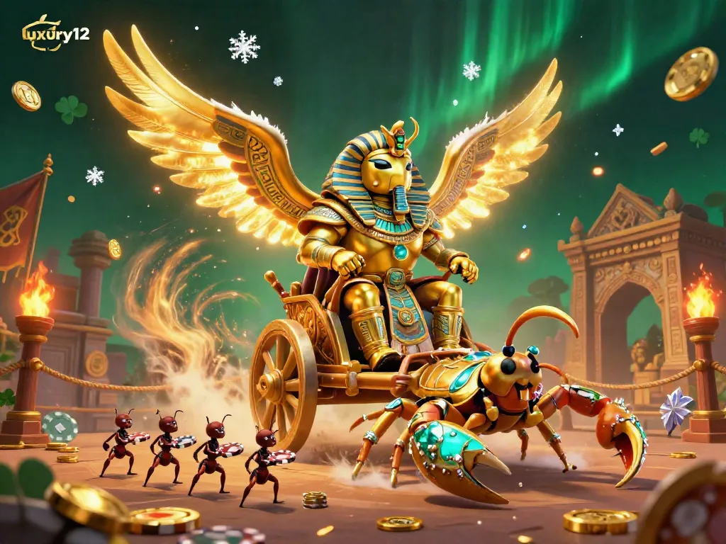 Experience excitement with luxury12 in this vibrant, 3D illustration featuring a golden scarab beetle amidst a dynamic casino scene.