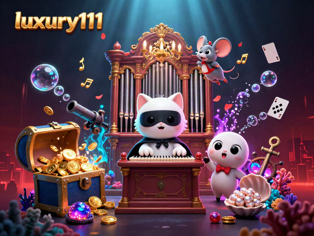 luxury111 engages players with a vibrant casino scene featuring a whimsical cat and floating treasures.