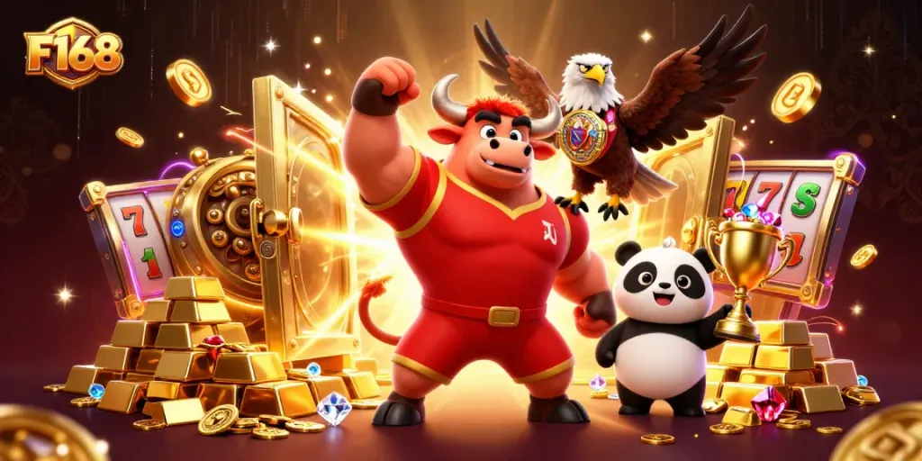 F168 showcases a victorious bull mascot among dazzling casino treasures and colorful slot elements.
