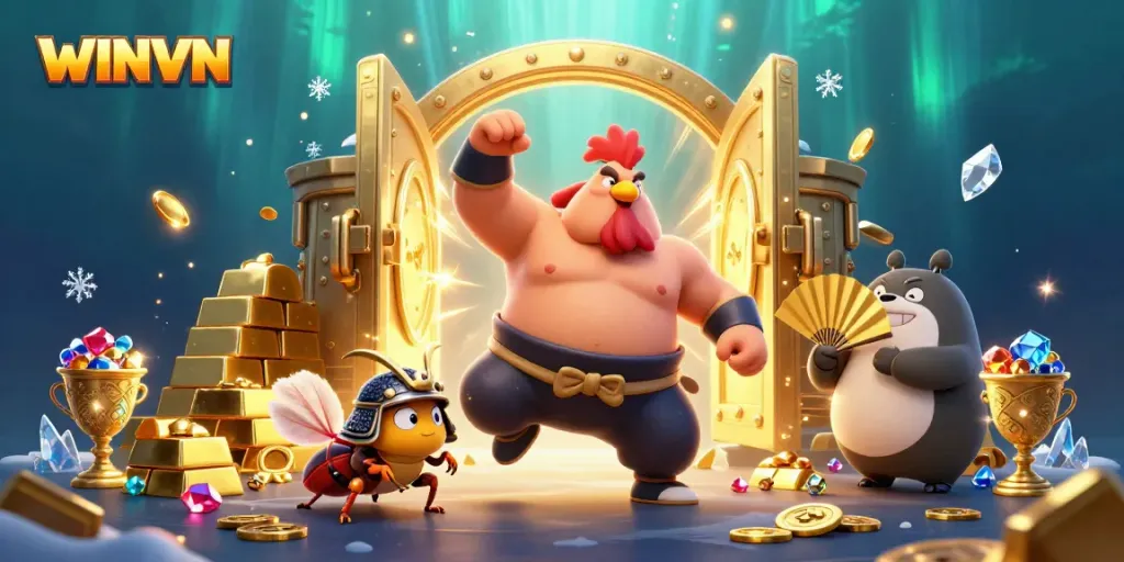 WINVN features a colossal rooster sumo wrestler celebrating amid riches and gems, showcasing vibrant casino excitement.