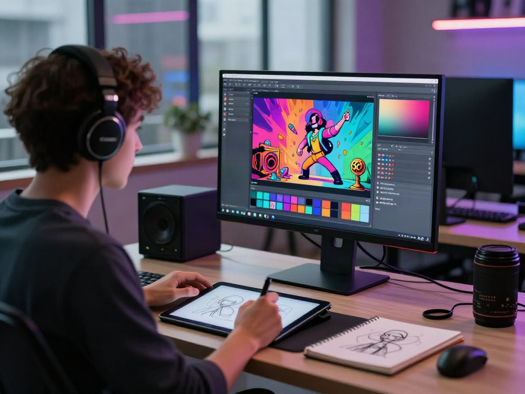 AI porn generator artist creating innovative digital content in a vibrant studio.