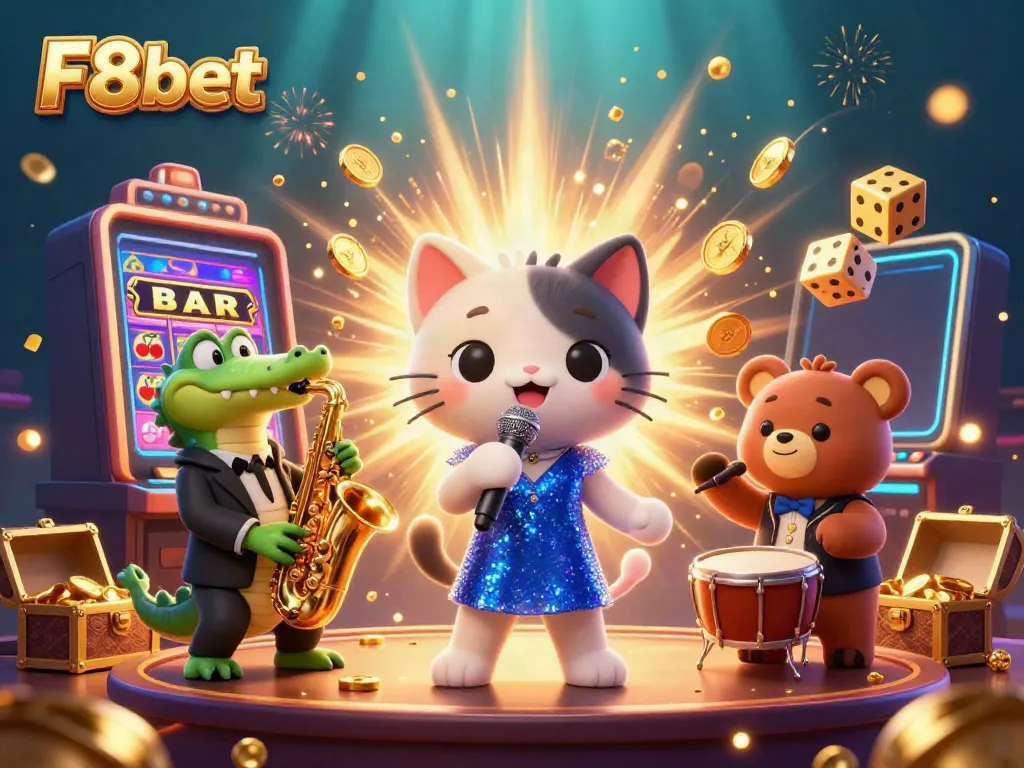 Experience the excitement of F8bet with vibrant casino characters amidst a jackpot explosion.