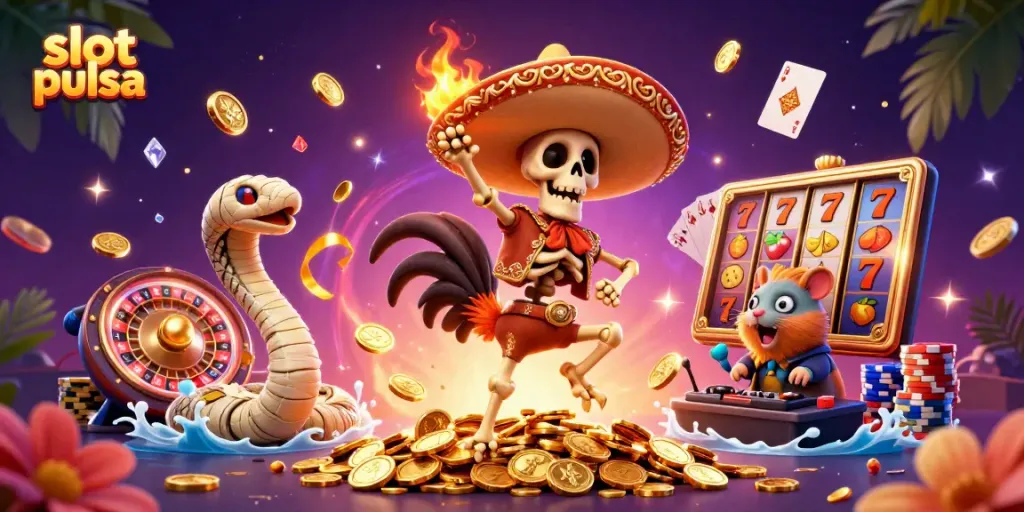 Experience slot pulsa excitement with vibrant characters, coins, and dynamic gaming elements.
