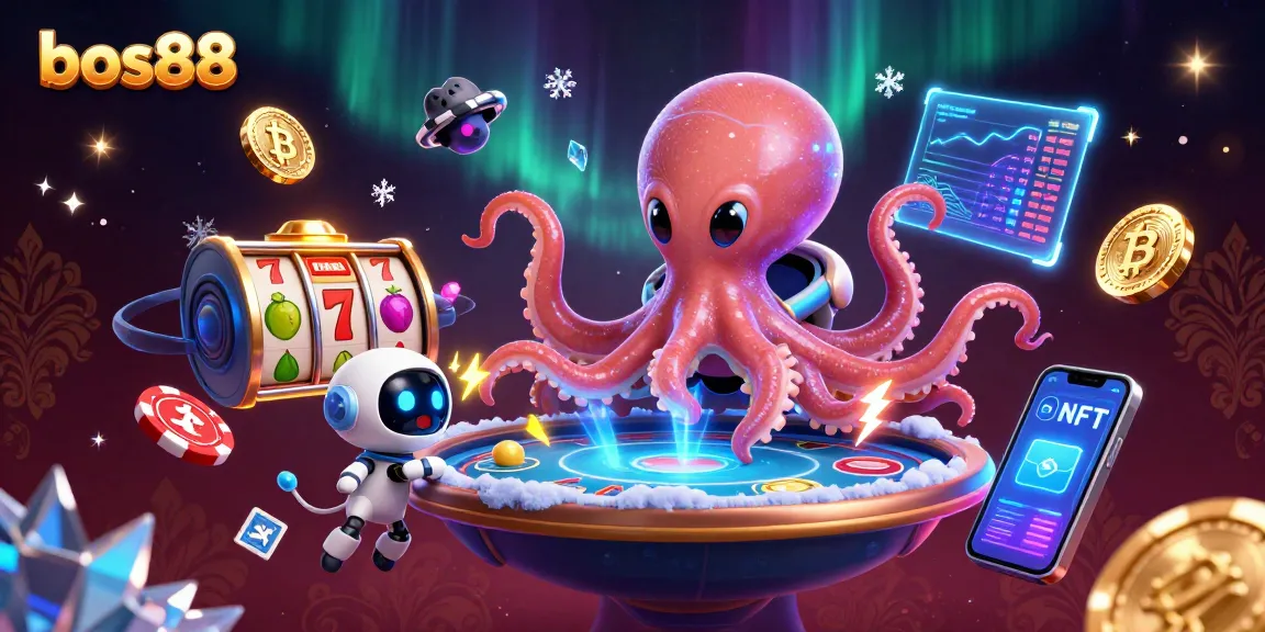 bos88 menampilkan alien gurita bermain poker di luar angkasa dengan koin crypto mengelilinginya.