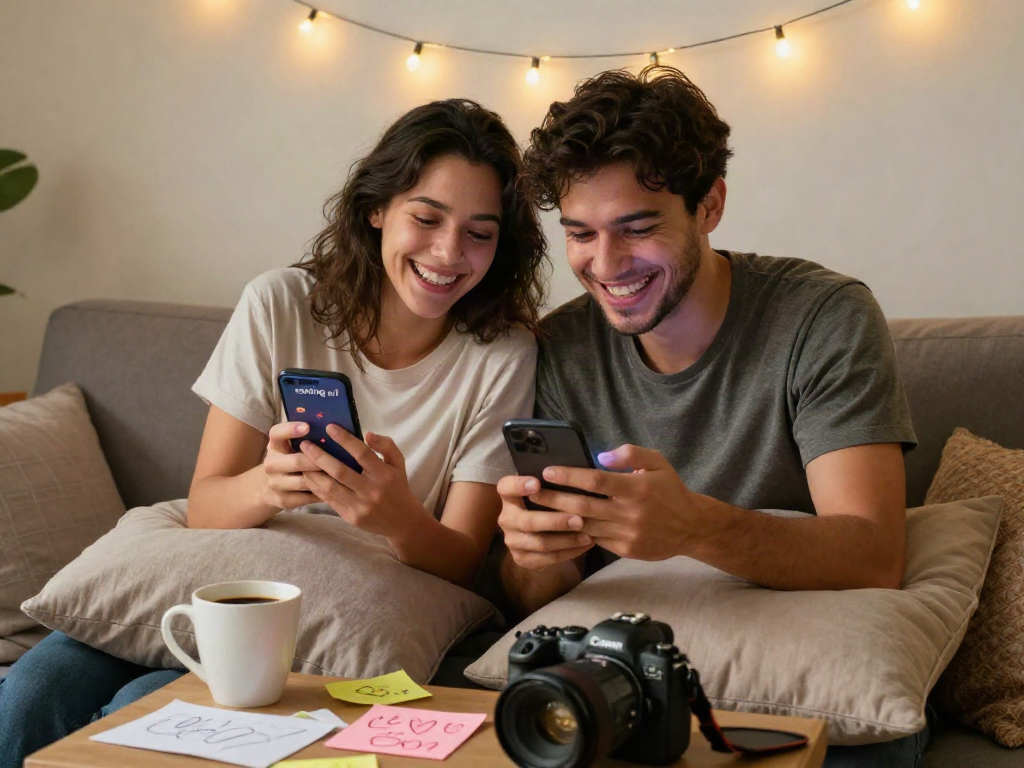 Couple using sexting ai app in cozy home setting, enjoying playful communication.
