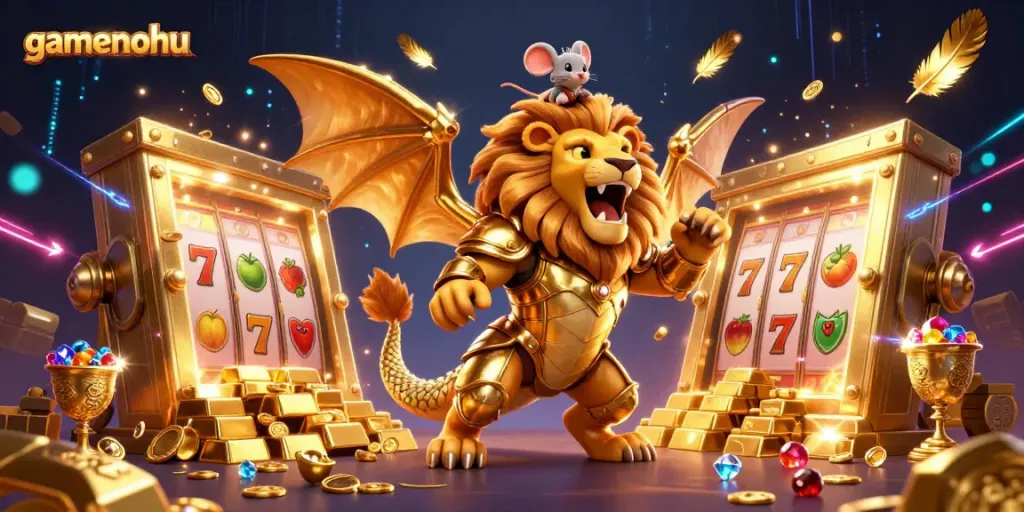 Experience gamenohu's vibrant casino adventure with a chimera and slot reels. Join the thrill!