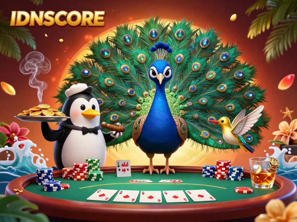 Experience entertainment at IDNSCORE with 3D animated casino characters surrounded by poker chips and vibrant elements.