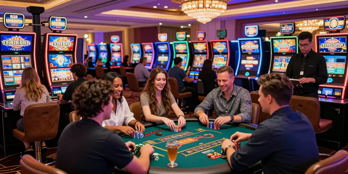 Casino Bonus ohne Einzahlung: Slots and Live Casino Games create an exciting atmosphere filled with players and vibrant lights.