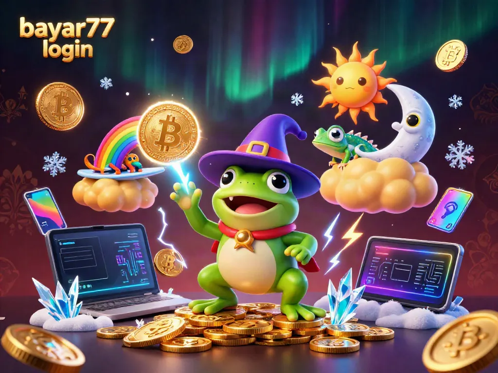 Engage in seamless gameplay with bayar77 login amidst a vibrant storm of coins and crypto elements.
