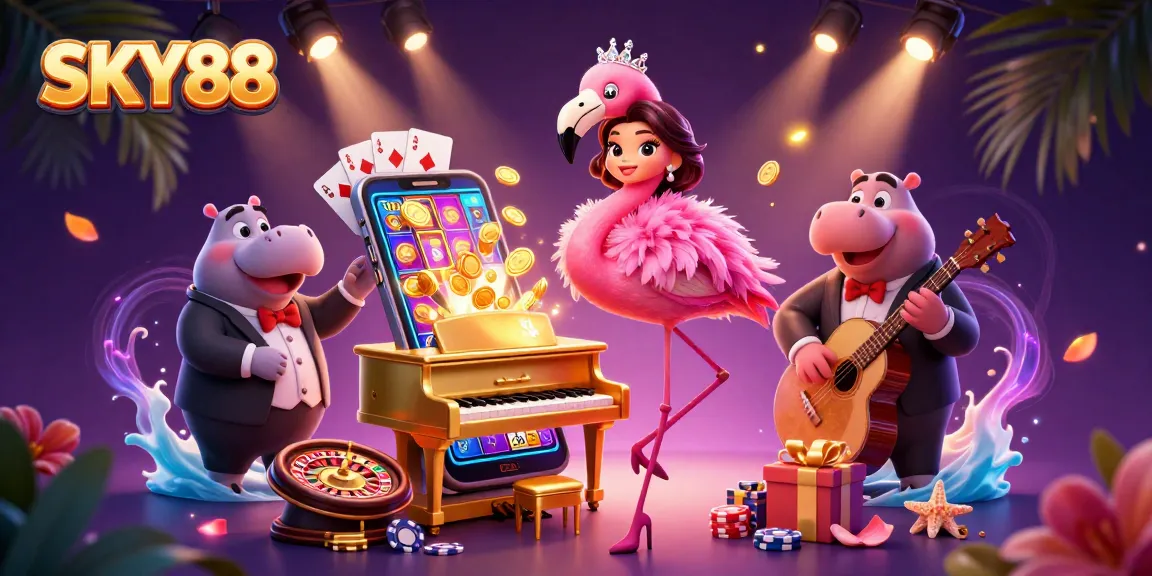 Experience thrilling entertainment at SKY88 with vibrant casino elements and engaging characters in a rich digital scene.