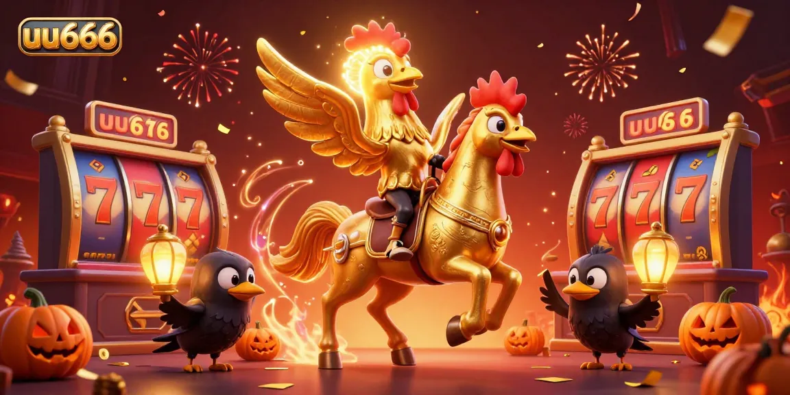 Spin the reels with uu666 in a magical casino scene featuring a golden rooster and celebrating crows.