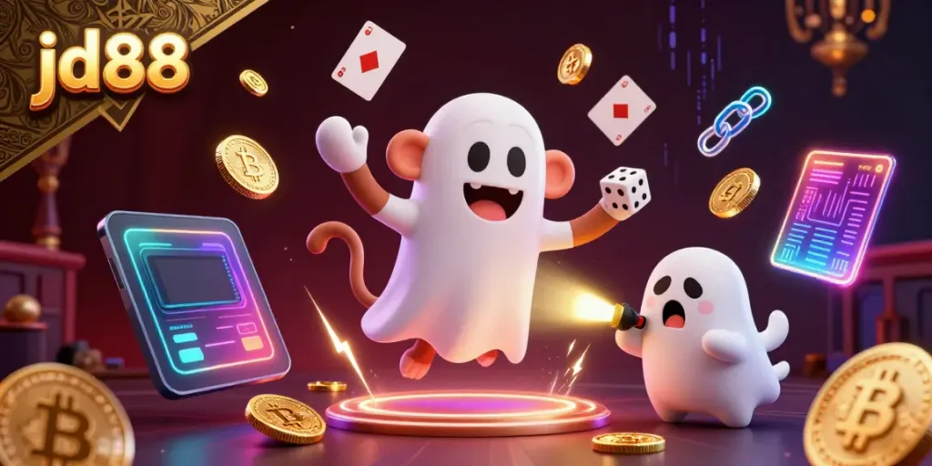Experience thrilling gaming at jd88 with a 3D poltergeist monkey juggling gold coins in a haunted casino.