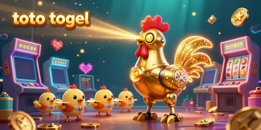 Engage with an ultra-detailed 3D illustration of toto togel featuring a golden rooster robot amidst vibrant casino elements.