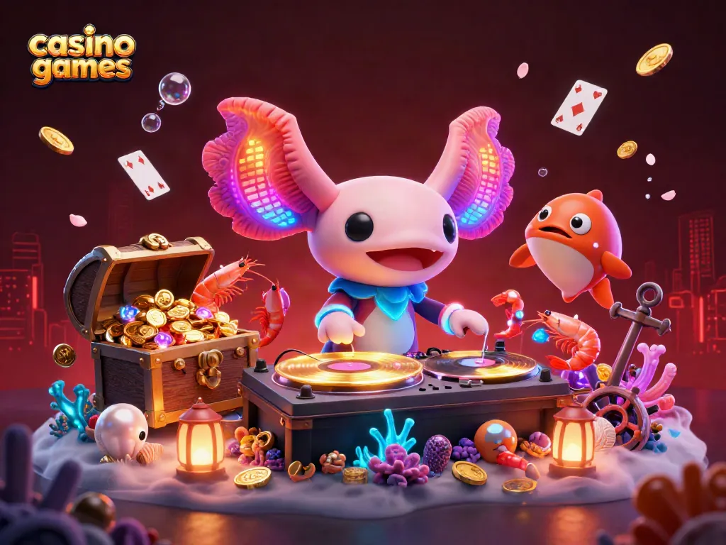 Experience thrilling casino games with a neon axolotl DJ and vibrant underwater elements.