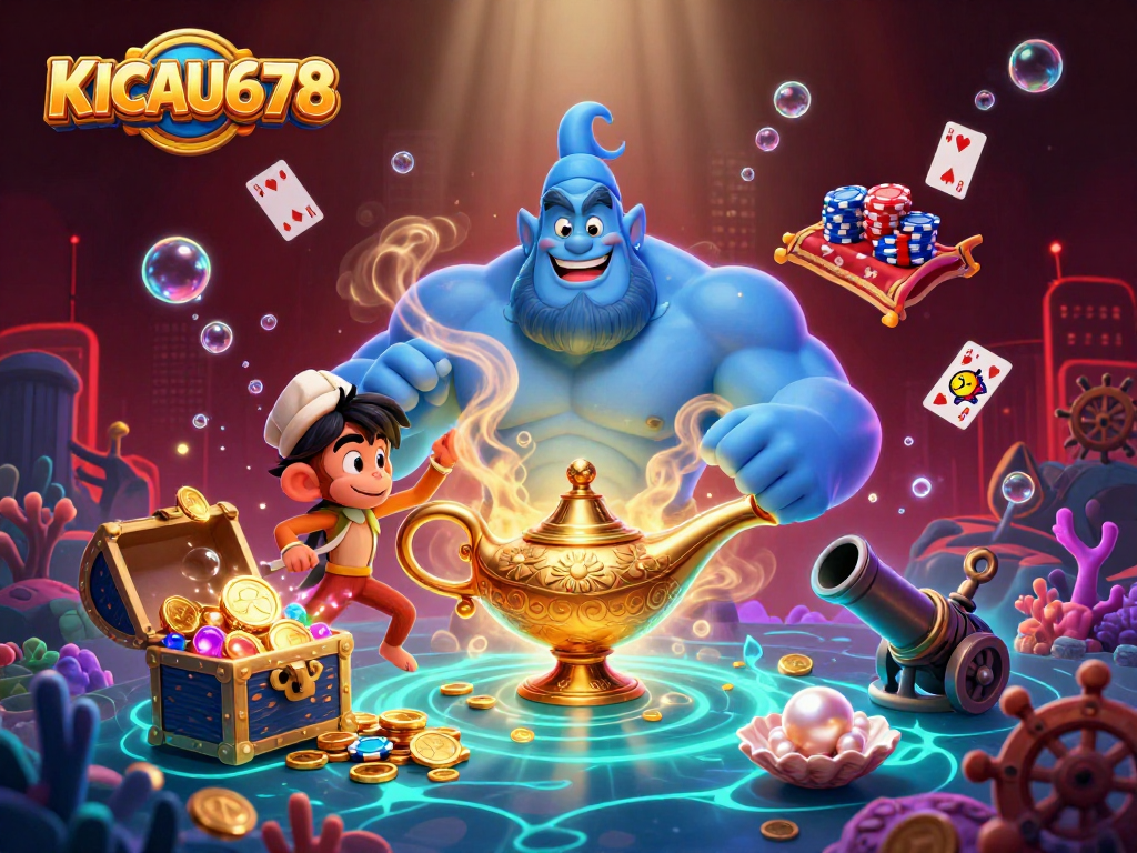 KICAU678 casino gaming illustration featuring a ginormous genie, monkey, and poker chips amidst underwater treasures.