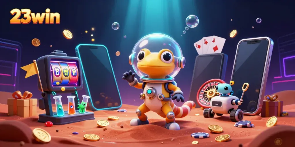 Experience the excitement of 23win with vibrant games illustrated in a Mars casino scene featuring alien characters.