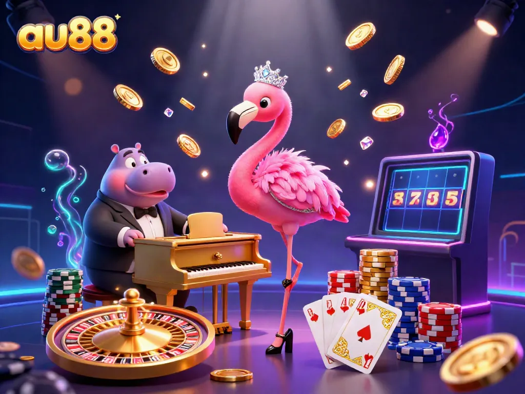 Experience thrilling winning moments with au88's vibrant casino scene featuring a flamingo singer and dazzling visuals.